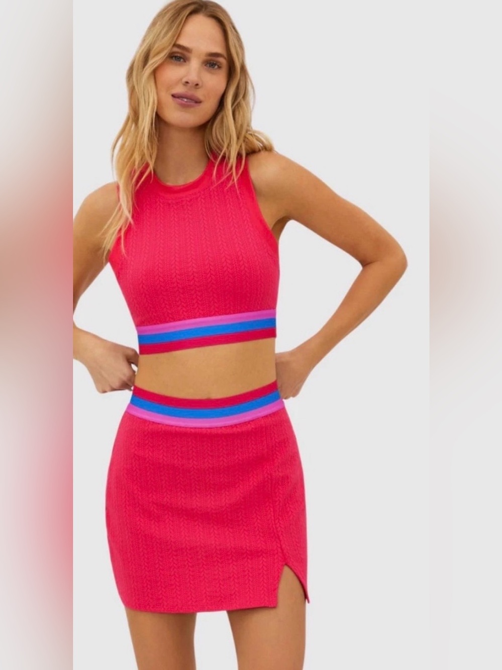 Beach Riot Pink Knit Crop Top & Skirt Set with Blue and Purple Stripes